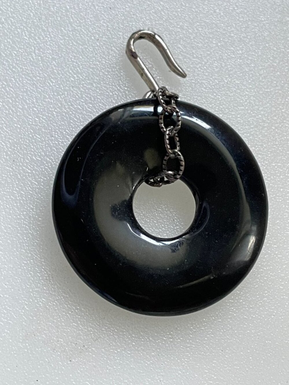 Vintage Hand Carved Black Jade Pi Disc Donut Pendant Translucent Edge